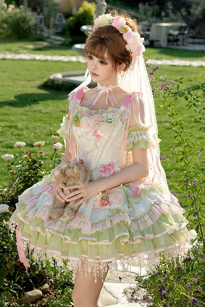 [Clôture des réservations le 10/8] Robe lolita corset à volants en dentelle florale rose x vert doux + ensemble complet (coiffe couronne florale avec voile + manches amovibles)
