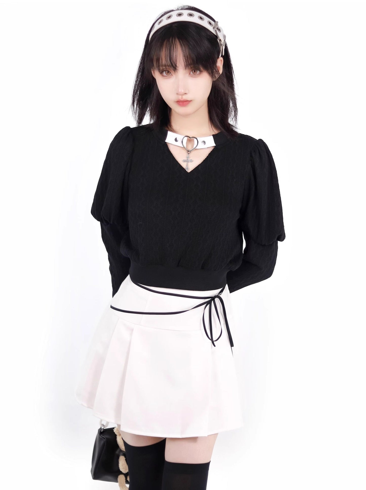 Cross Gothic Black Knitted Top Skirt + Black White Off Shoulder Dress Set Up