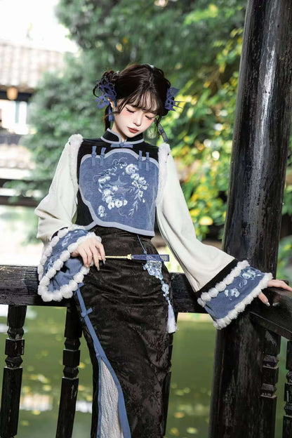 【予約商品】ブルーブラックエレガントベルスリーブチャイナドレス＋ベスト