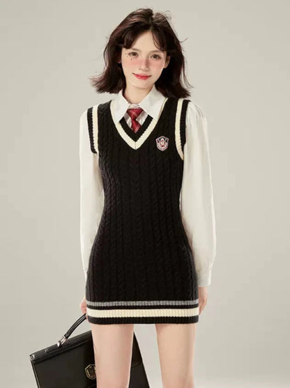 College Style Tie White Shirt + V-Neck Knit Vest Dress