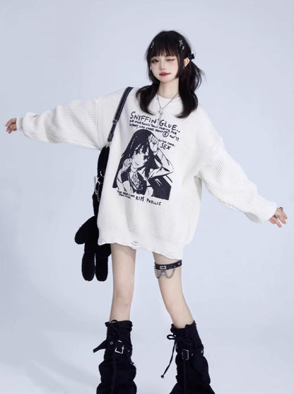 Girl Print Loose Pullover Knit Sweater