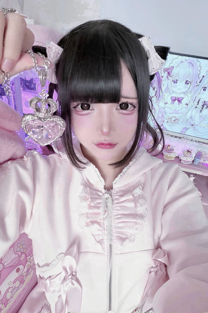 [Reservation Deadline: November 15] Pink Lace Bow Two-Way Zip Hoodie and Bubble Skirt Set with Detachable Ribbon
