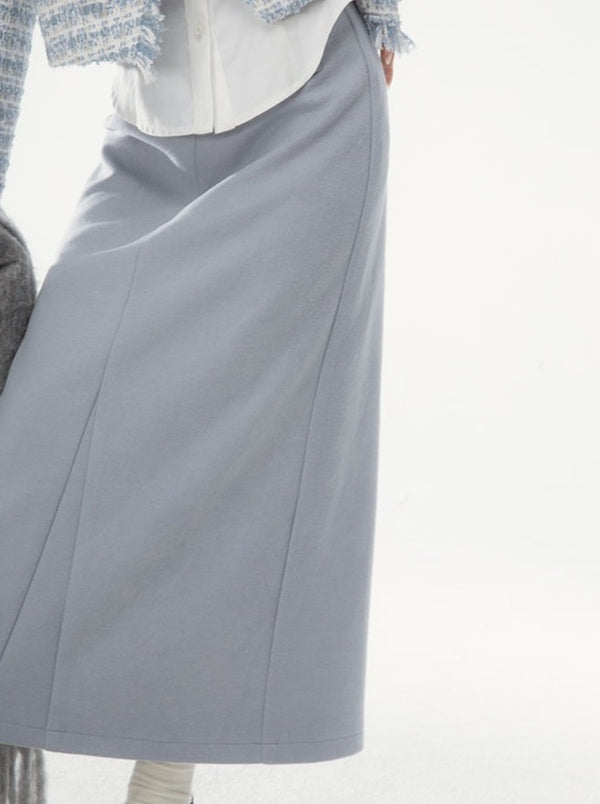 Ice blue jacket + slit long A-line skirt