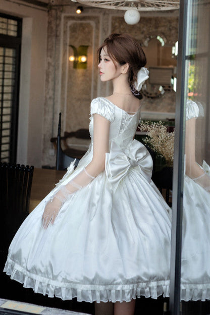 [Pre-order Deadline: August 8] Elegant Silver Satin Lolita Romantic Ribbon Dress Set