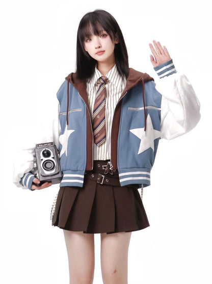 Star Fall Latte Star Velvet Hoodie Short Jacket Pleated Skirt Shirt Casual Maillard