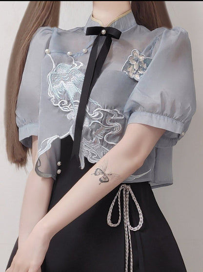 China Embroidery Short Top + Suspender Skirt Suit