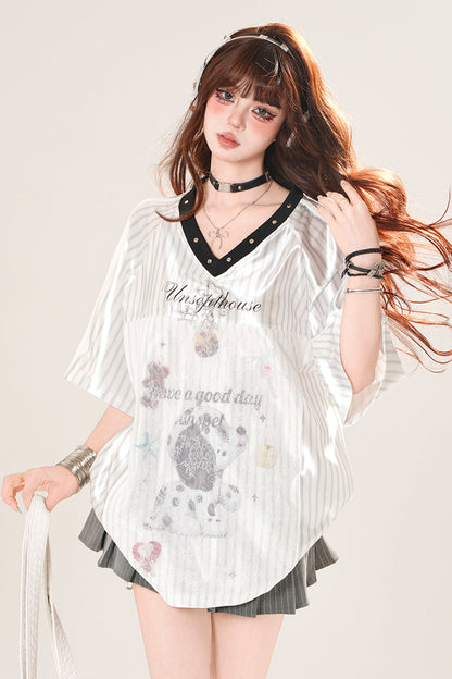 スポーティーネックボーダースクエアショルダートップス