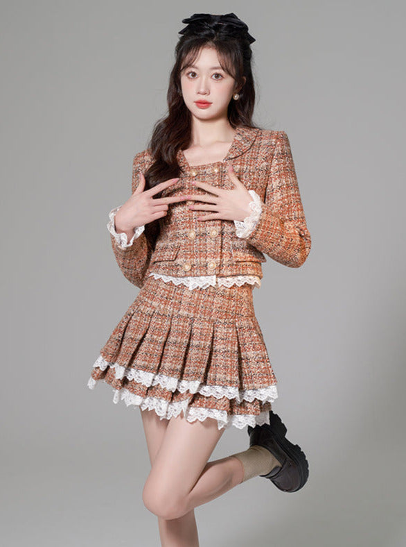 Check Wool Fragrance Lace Jacket + Pleated Tiered Skirt