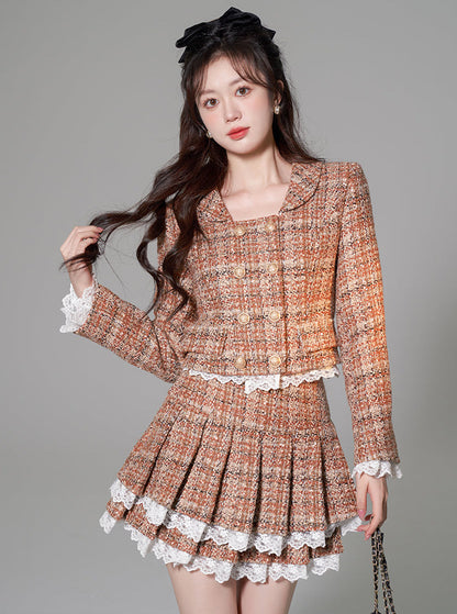 Check Wool Fragrance Lace Jacket + Pleated Tiered Skirt