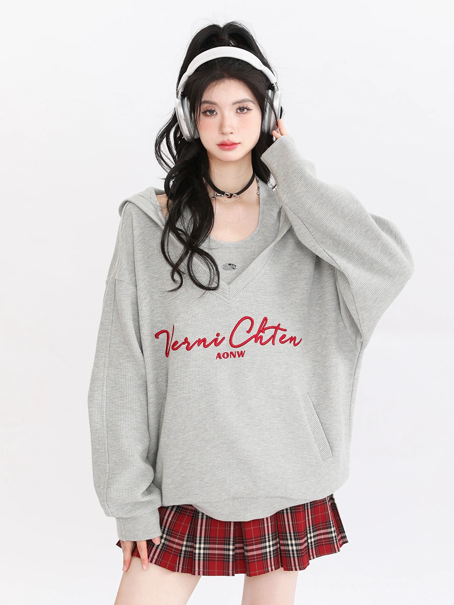 American Retro Sweatshirt Hooded Loose Oversized Two Piece Set