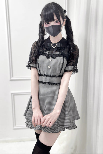 レースショールリボンシャツカラートップス＋ショートパンツ