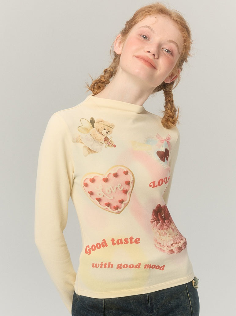 Half Turtle Collar Retro Sweet Illustration Top