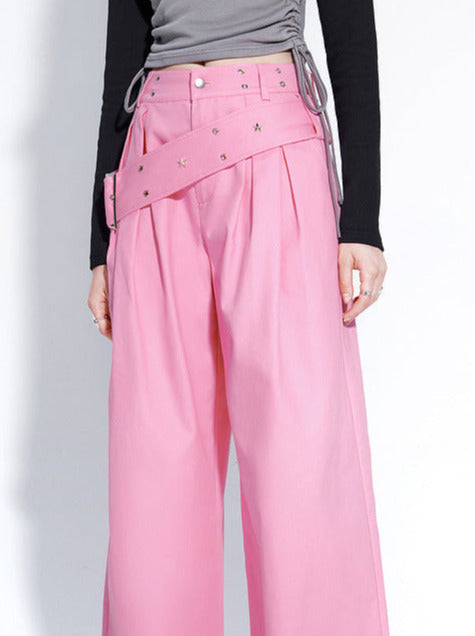 Pink Draped Straight Wide Casual Pants
