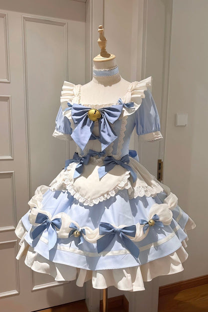 [Reservation product] White Pink White Blue Big Bell Ribbon Girly Sweet Maid Dress