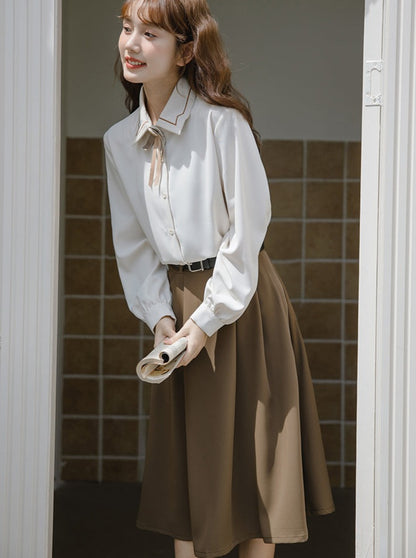 Ribbon blouse + flared skirt