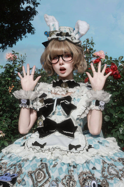 [Reservierungsschluss 30. Juni] Blaue x weiße Alice-im-Wunderland Sweet-Lolita-Accessoires-Serie (Hasenohren-Hut, Hasenohren-Haarreif, Halsband, Taschenuhr-Brosche, rückseitige Schleppen-Schleife, Handgelenkstulpen)