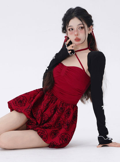 Dark Night Rose Red Suspended Dress + Ribbon Cardigan