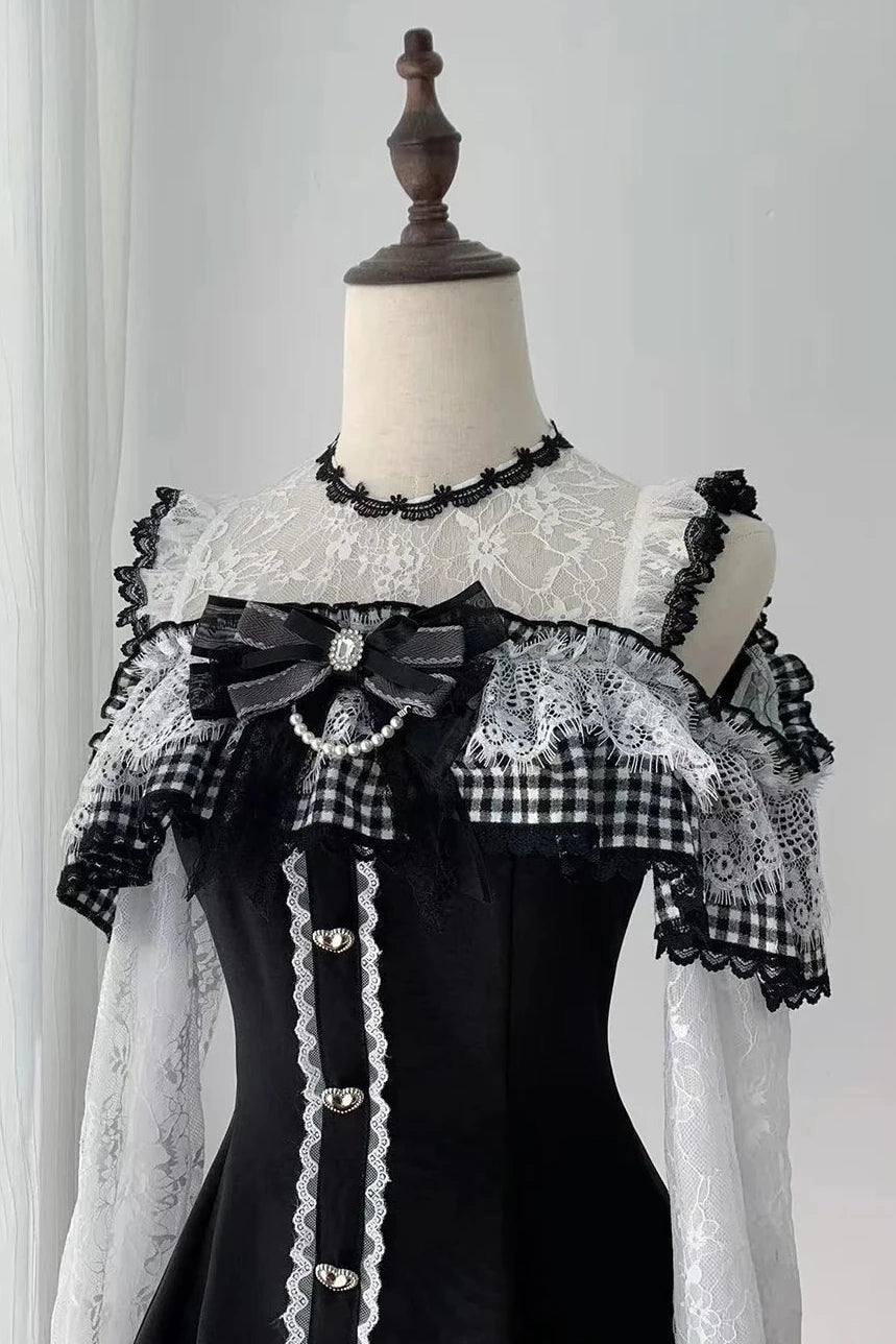 [Pre-order Deadline: November 15] Black and White Gingham Cold-Shoulder Long-Sleeve Lace Dress + Shorts + Bow Tie Set
