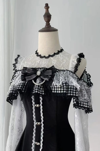 [Pre-order Deadline: November 15] Black and White Gingham Cold-Shoulder Long-Sleeve Lace Dress + Shorts + Bow Tie Set