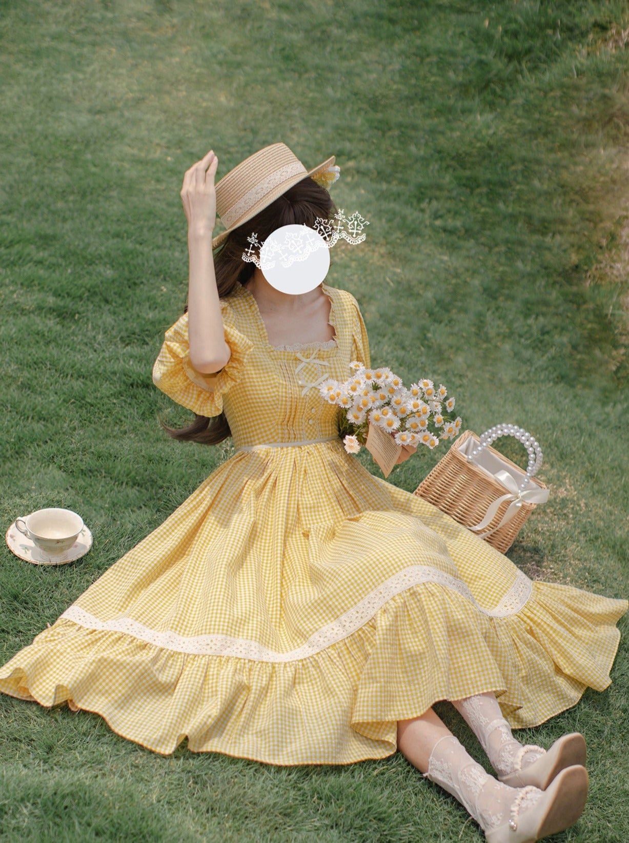 [Reservations] Retro Girly Yellow Dress + Apron + Ribbon