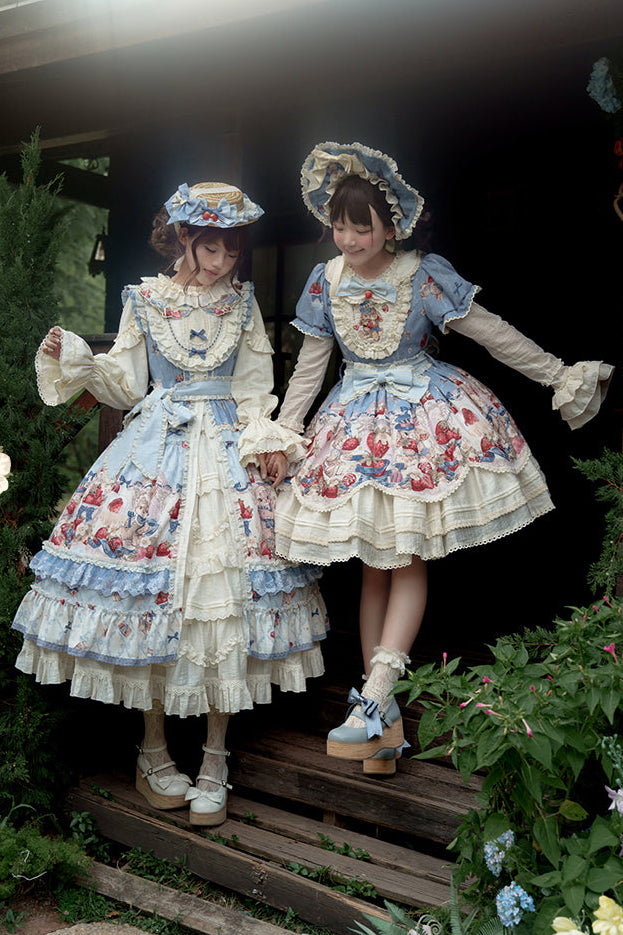 Rabbit Berry Embroidery Print Dress + Bonnet + Hat