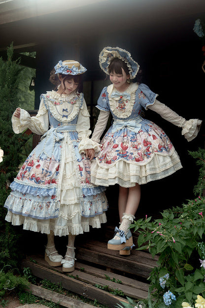 Rabbit Berry Embroidery Print Dress + Bonnet + Hat
