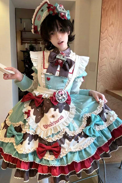 【3月20日予約締切】ミントチョコレートロリータドレス+スリーブ+エプロン+クリップ+ハット+テール