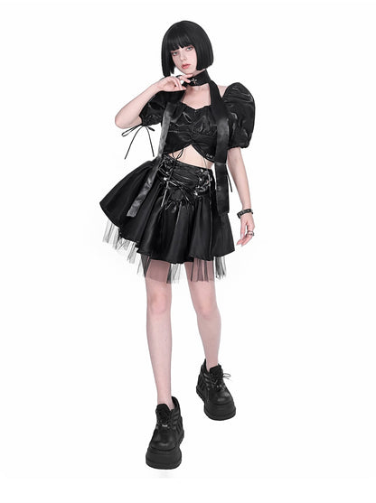 Cyberpunk glitter setup cross neck stole + puff sleeve short top + lace up tulle skirt