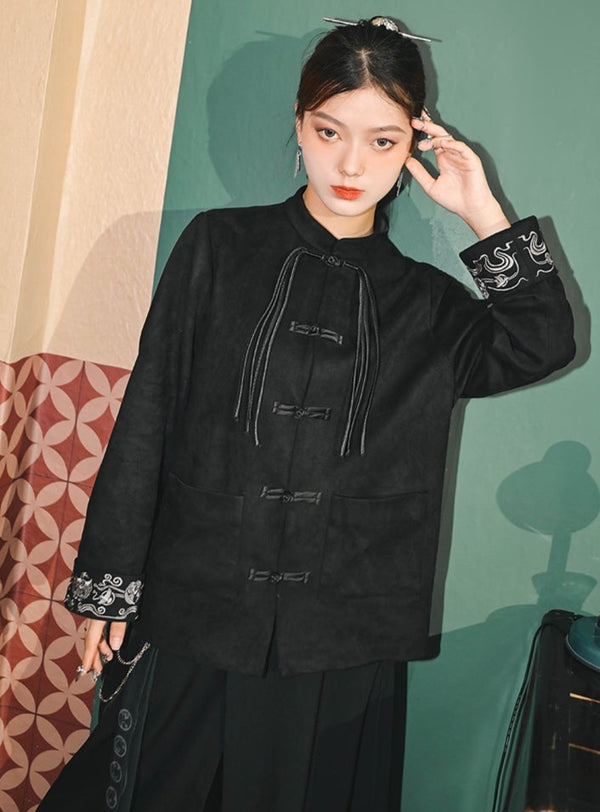 Retro Stand Collar Button Velvet Top