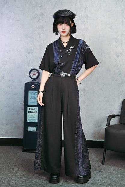 アシンメトリーカラーチャイナスネークプリントシャツ