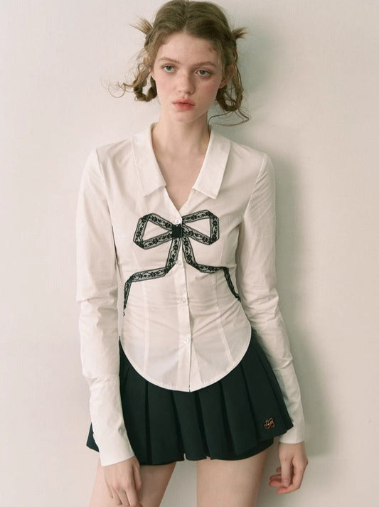 Lace ribbon design V-neck slim shirt