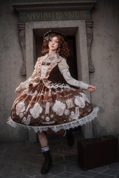 [Reservation Deadline: November 6] Navy Blue/Brown Classic Italian Travel Diary Lolita Vintage Print Bow Bustier JSK Dress with Metal Buttons & Lace Detail