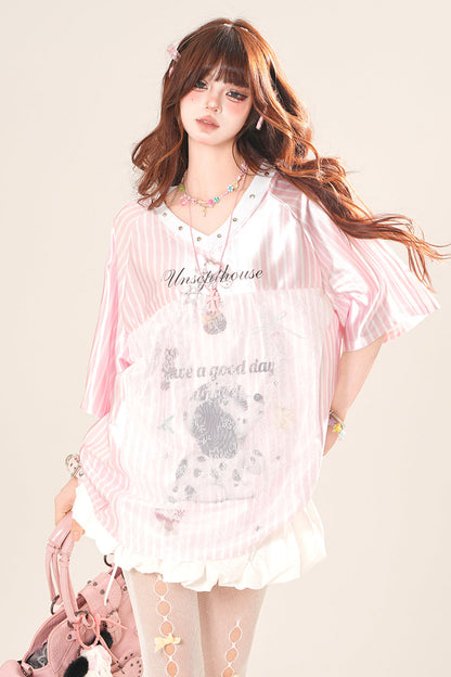 スポーティーネックボーダースクエアショルダートップス