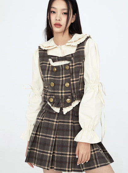 Brown Retro Check Suspenders + Check Skirt