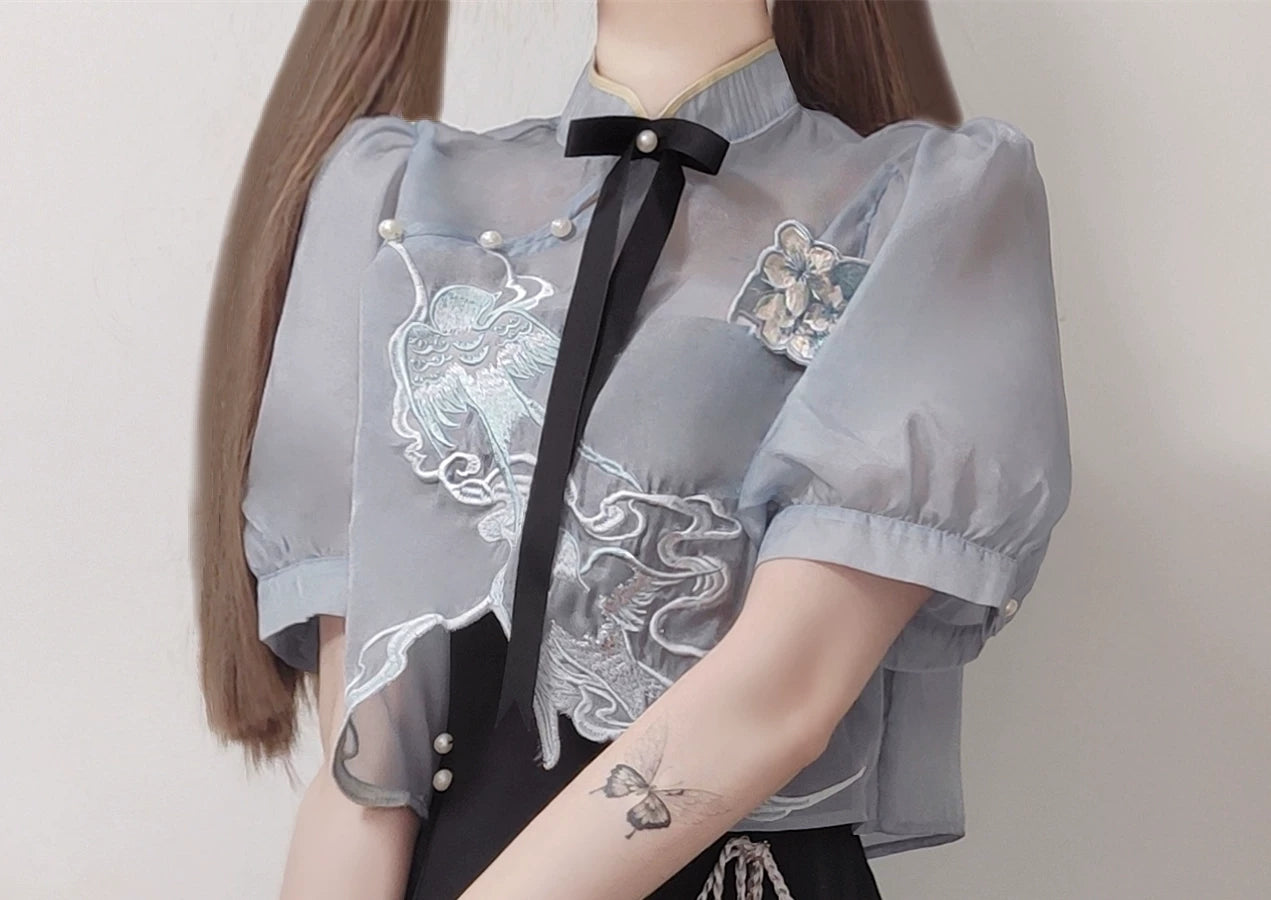 Chinese-Style Embroidery Short Top + Suspender Skirt Suit