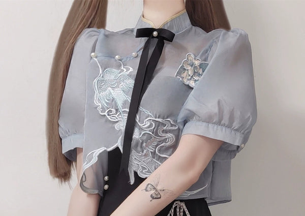 Chinese-Style Embroidery Short Top + Suspender Skirt Suit