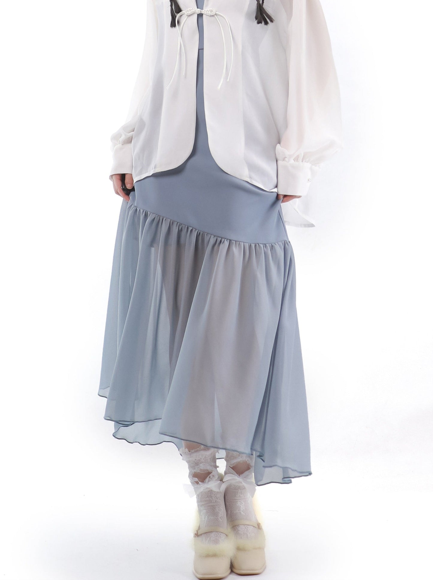 Sheer cardigan skirt &amp; sheer jacket ruffled cami dress China setup