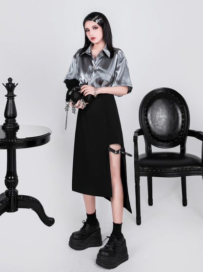 Leather Buckle Asymmetric Split Long Skirt