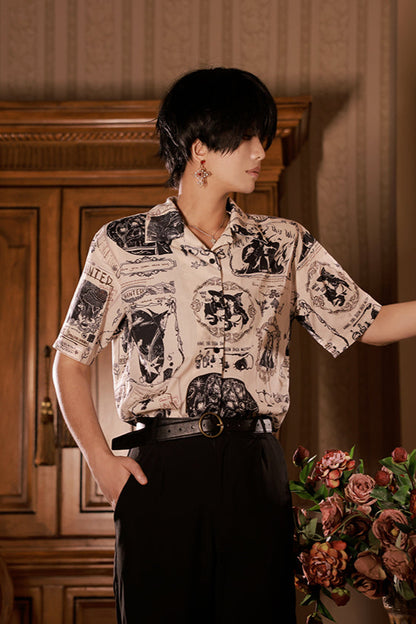 アンティークプリントデザインシャツ