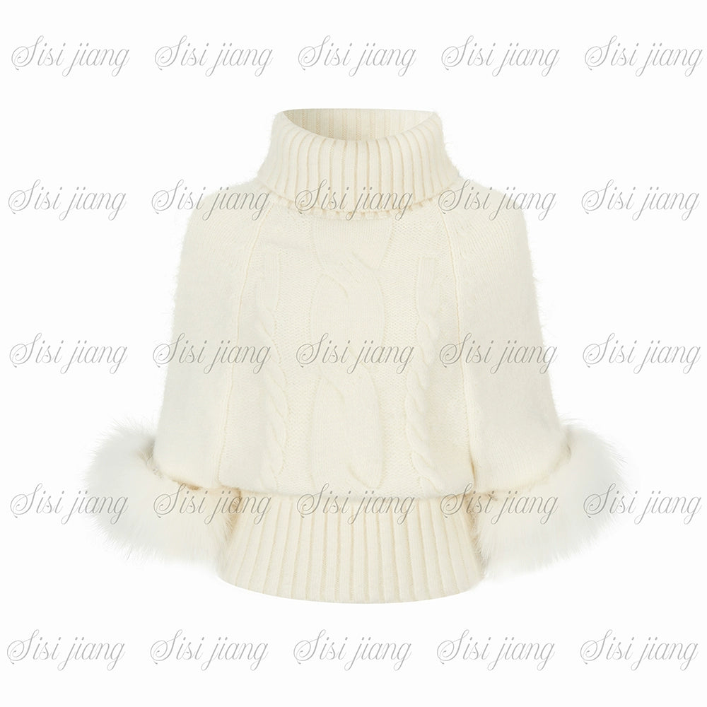 Fox Fur Trim Cape Sweater + Twisted Knit Bodycon Skirt