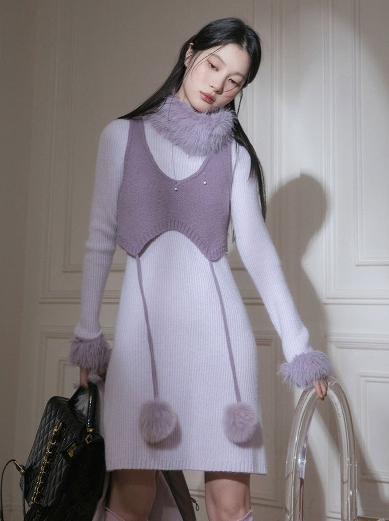 Purple Fur Knit Dress + Knit Short Vest