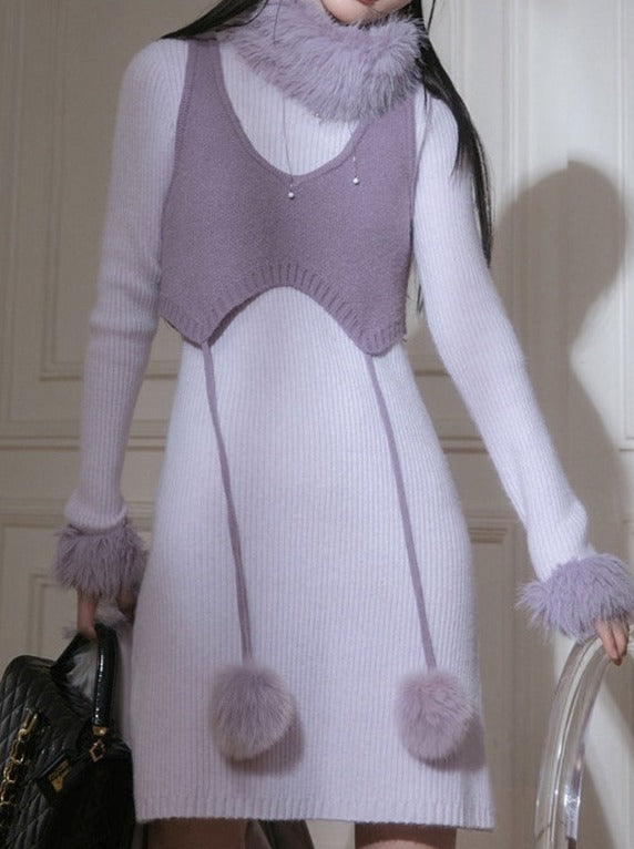 Purple Fur Knit Dress + Knit Short Vest