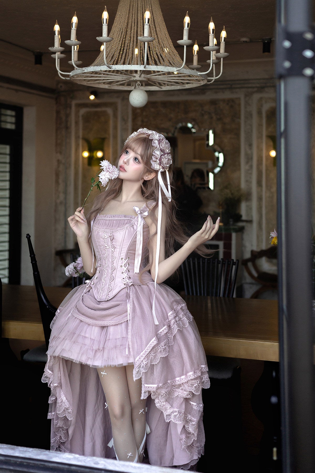 【2月27日予約締切】アンティークランプシャドウシャンパンゴールドストラップリボンビスチェドレスセットアップ