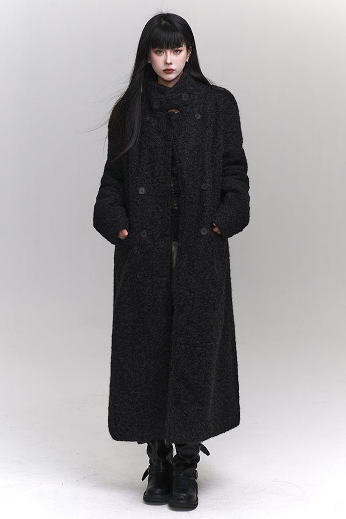 High neck mode dark long wool coat