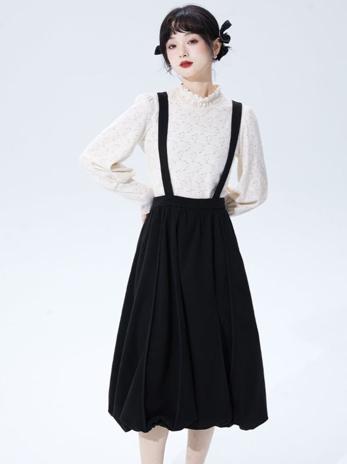 Monotone High Waist Suspender Skirt