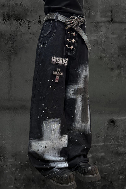 インクスプラッシュドグラフィティデニムパンツ+ベルト