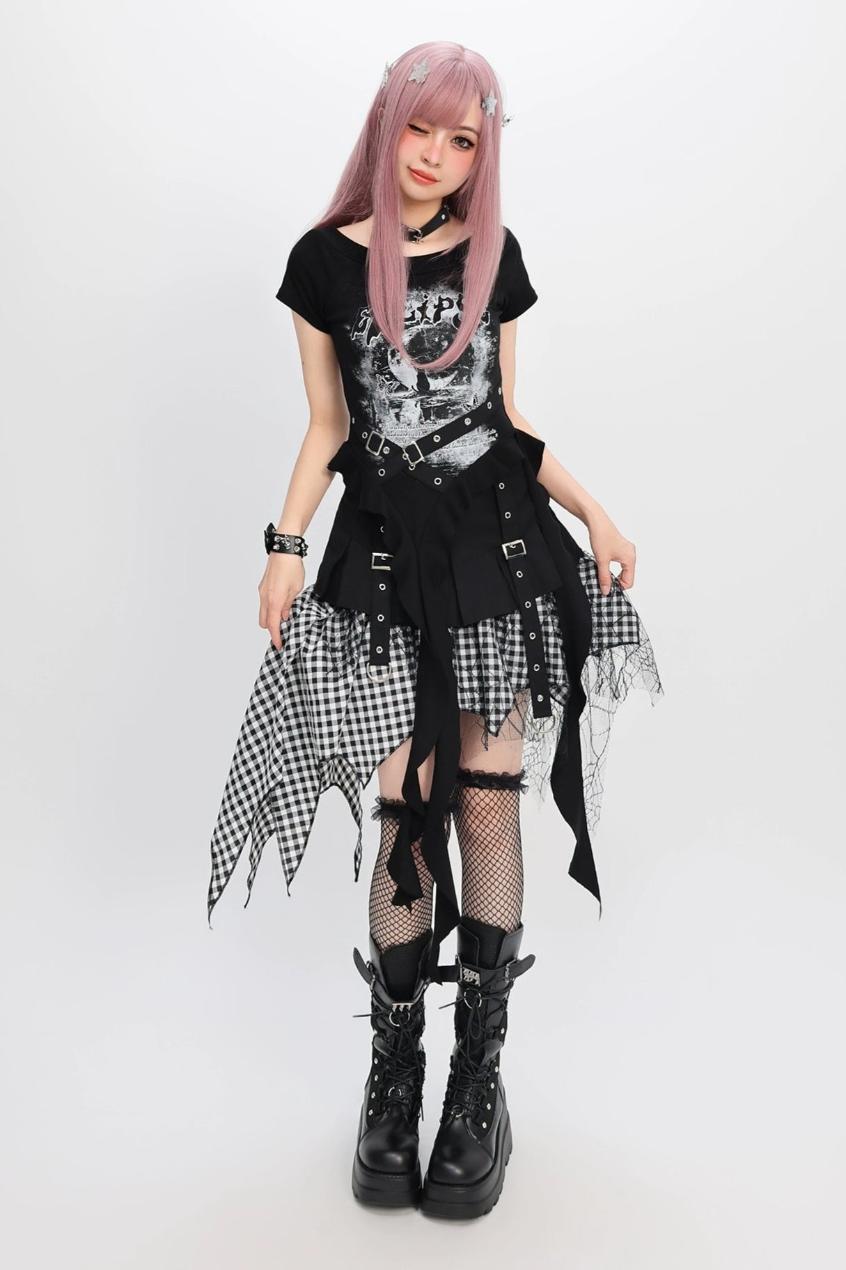 ダークサブカルトップス＋チェックスカート