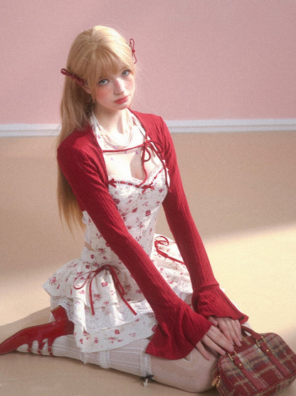 Red Cardigan + Flower Top + Cake Skirt