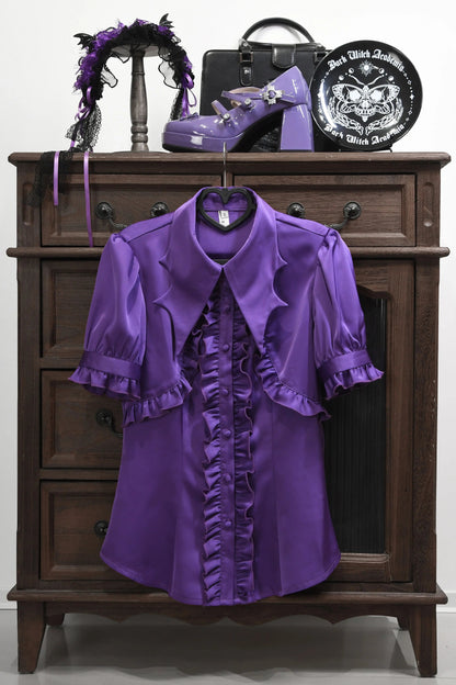 [Reservierungsschluss 26. Juni] Blaues/Schwarzes/Graues/Grünes/Lila/Weißes Gothic-Lolita-Hemd mit Fledermausflügel-Kragen, Rüschen und Puffärmeln