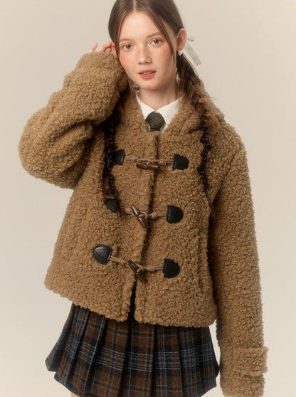 Bear Hooded Horn Button Short Lamb Wool Coat